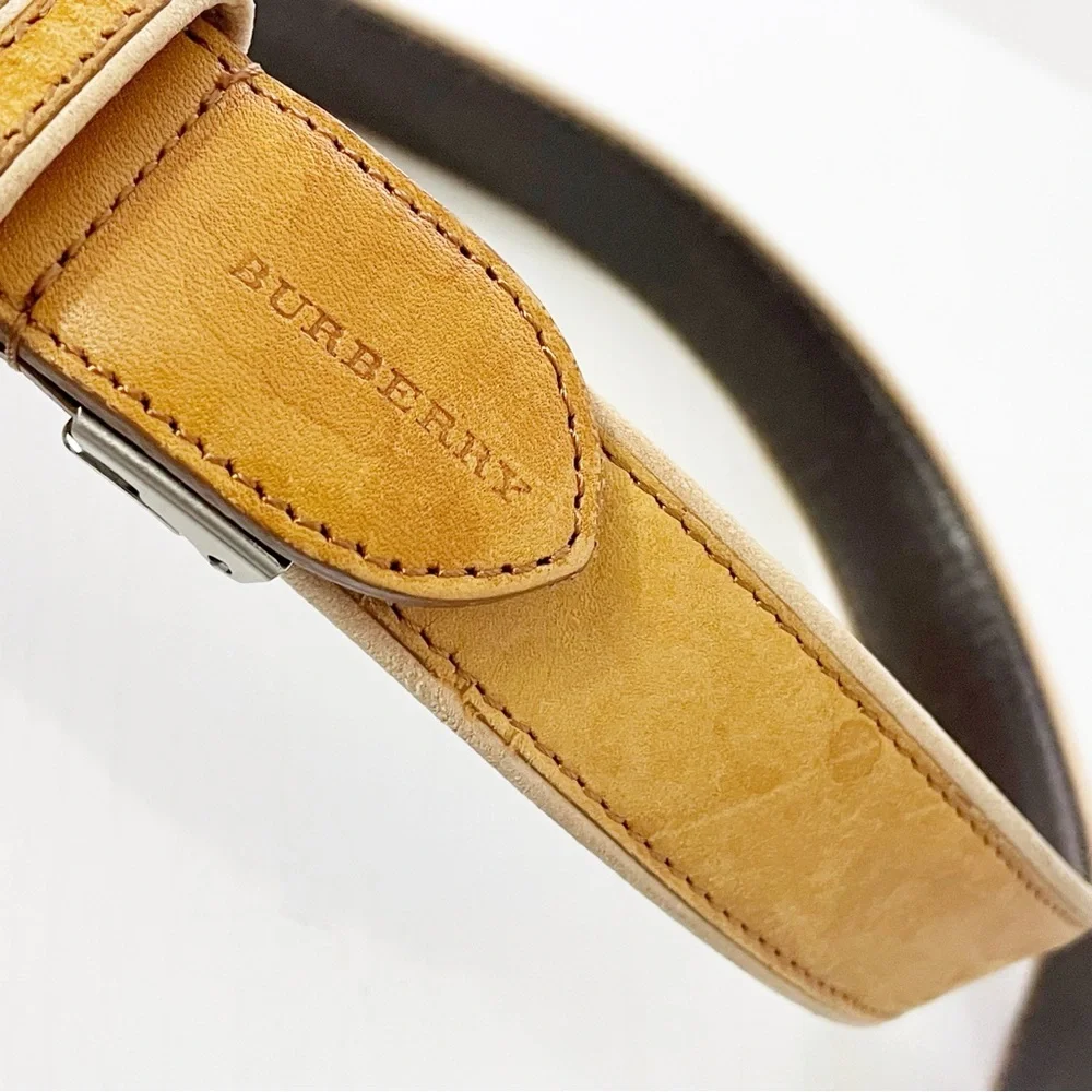 Burberry natural and brown leather silver buckle belt